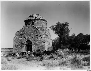 Domed stone building with an arched doorway, standing among olive trees on open ground