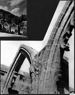 Two photographs of a monastery building: pointed arches between low walls, and a moulded pier of rough stone blocks