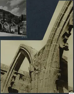 Two photographs on dark card: pointed arches among ruins with cypress trees, and a close view of a stone arch and pier.