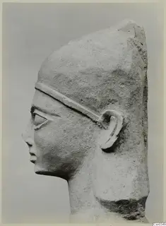 Limestone sculpture of a head in profile facing left, wearing a tall flat-topped headdress with a raised band across the brow.