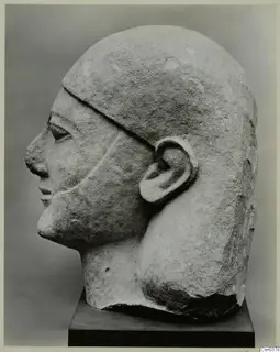 Limestone head of a sculpted figure in profile, facing left, on a dark square base.