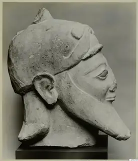Limestone head in profile with a tall crest, large ear and long beak-like face, on a dark base