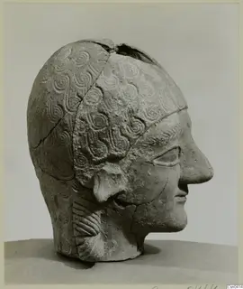 Terracotta head in side profile, with incised spiral pattern on the hair and a split, broken crown