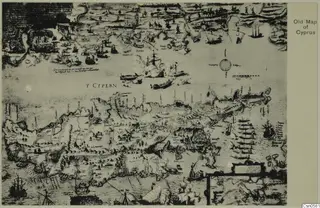 Old map of Cyprus with sailing ships on the sea, a compass rose and a decorated cartouche