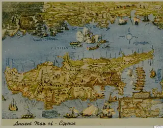 Colour reproduction of a map of Cyprus with sailing ships and a sea battle in the surrounding waters
