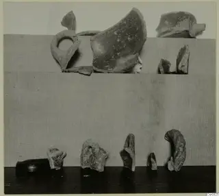 Pottery fragments, including a loop handle piece and body sherds, photographed in two rows against a plain backdrop