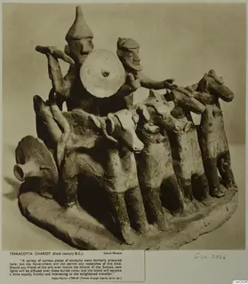 Terracotta chariot group with two standing figures and four animals harnessed in front