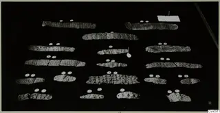 Rows of thin, dot-embossed metal strips laid out on a dark background, each with small white labels above it