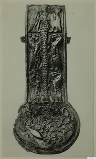 Long-necked metal vessel with relief figures in upright panels and a round base with scroll-like decoration
