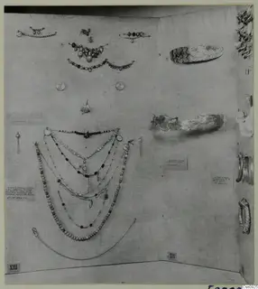 Display board of gold and bead jewellery: necklaces, earrings and a gold-covered object, with printed labels and numbered cards