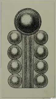 Ink drawing of a jewellery ornament with a domed top and eight round bead-like forms down its sides