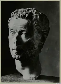 Marble head of a bearded man with curly hair, photographed against a dark backdrop.