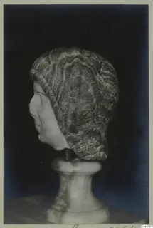 Carved stone head in profile, facing left, with wavy hair, set on a pale pedestal against a dark background.