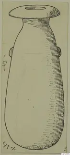Drawing of an alabaster vase with a wide flat rim, a short neck, a tapering body and two small lugs