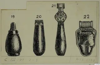 Ink drawing of four alabaster vases from Cyprus, each with a number label above it.