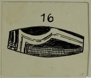 Ink drawing of a low, squat vessel seen at a slant, with a number label above it.
