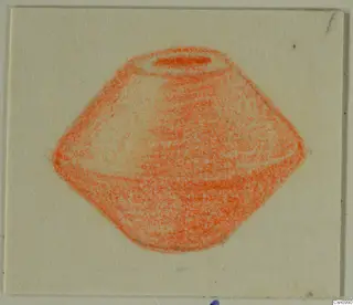 Orange-red crayon drawing of a squat vessel with a wide shoulder and narrow mouth, on a cream card.