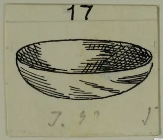 Pen drawing of a shallow bowl with a wide open rim and hatched shading