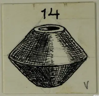 Drawing of an alabaster vase from Cyprus, squat with a wide shoulder and a small opening at the top