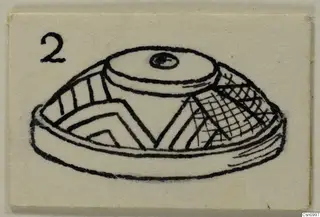 Ink drawing of a low dome-shaped stone object with a knob on top and chevron and hatched patterns on its sides