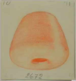 Drawing of a stone object in red crayon, wider at the base and narrowing to a rounded top, with a small oval hollow near the base.