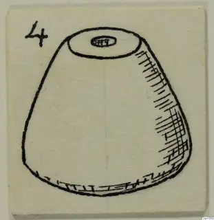 Drawing of a conical stone object with a small oval knob on its flat top.
