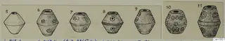 Ink drawings of seven stone spindle whorls from Lapithos, Kastros tombs, shown in side view