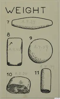 Ink drawing of five numbered stone objects under a printed heading, showing flat, block, disc and cylinder forms