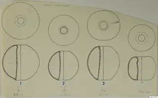 Field drawing of four stone mace-heads, each in plan and side profile