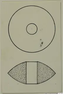 Drawing of a stone object in plan view above and side elevation below, with a central hole and stippled sides