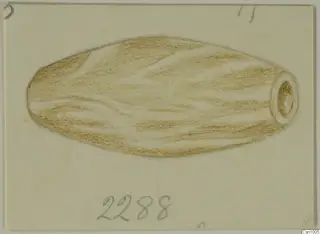 Coloured pencil drawing of an elongated stone object with a narrow neck and mouth at one end