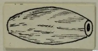 Pen drawing of an elongated, oval stone object with a ringed, perforated end