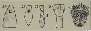 Drawing of five stone idols in a row, two of them carved heads