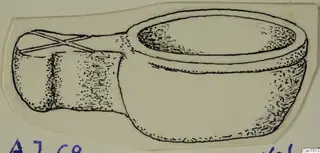 Ink drawing of a bowl with a handle on one side, shown in side view with its interior visible at the top.