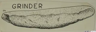 Drawing of a stone grinder from Idalion, an elongated object with a smooth upper edge and a stippled working surface
