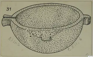 Field drawing of a stone bowl with a horizontal handle on each side and a wavy band on the body