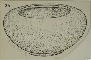 Drawing of a stone bowl with a wide, rounded body, a broad recessed rim and a low ring base.