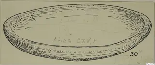 Pen drawing of a shallow bowl with a broad rounded rim, seen at an angle from above
