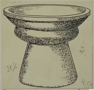 Ink drawing of a stone bowl on a tall conical stand, shown from the side and slightly above.