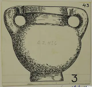 Ink drawing of a stone vessel with two round holes in its lugs and a short foot.