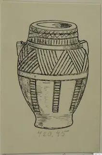 Field drawing of a stone amphoriskos from the Lapithos Kastros tombs, with two small handles and banded decoration.