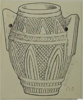 Ink drawing of a two-handled vessel with lattice and arch decoration
