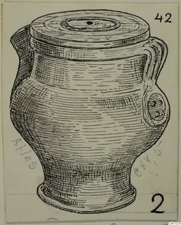 Pen drawing of a vessel with a spout, a loop handle and a flat, lid-like top