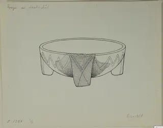 Pen drawing of a steatite bowl with three short feet and zigzag bands on its outer wall