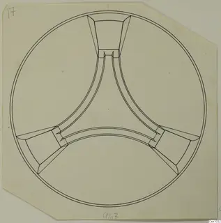 Drawing of a stone object: a ring with three curved arms meeting at the centre, each ending in a flared foot at the rim.
