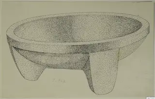 Stippled pen drawing of a shallow stone bowl standing on short legs