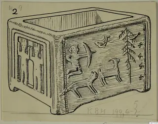 Ink drawing of a square stone box with carved figures, animals, a bird and a tree on its side