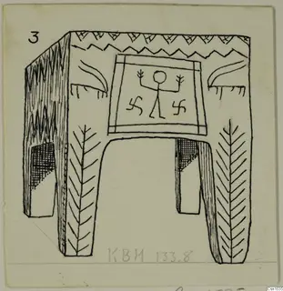 Pen drawing of a stone object with four legs and incised zigzag, chevron and figure decoration