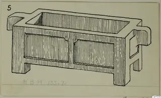 Drawing of a rectangular stone object with an open top, side lugs and recessed panels on its long sides