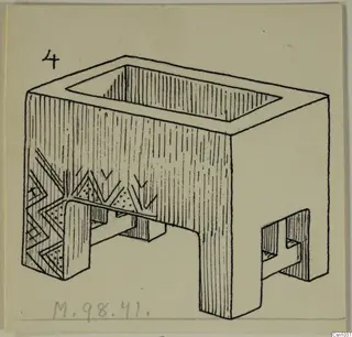 Ink drawing of a rectangular stone pyxis from Marion, with four feet and incised chevron decoration